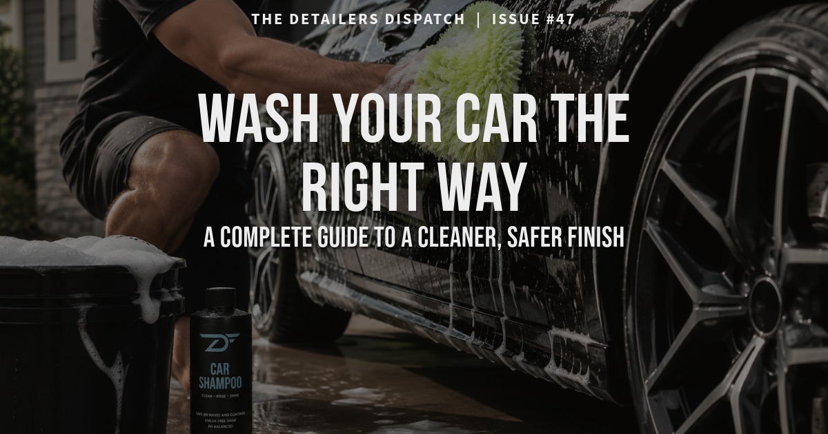 man washing car with yellow wash mitt and Detailers Finest Car Shampoo